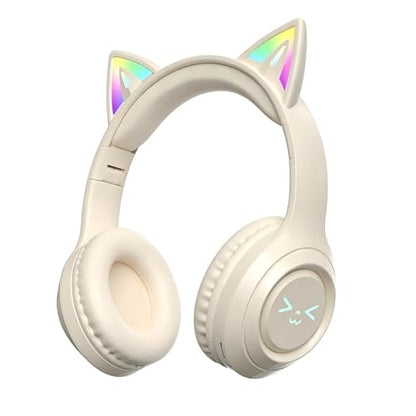 Cat-Ear Wireless Headphones Bluetooth 5.3 Over the Ear Headphones with RGB Light Built-in Mic Foldable Fashionable Stereo Headset Support TF Card for Gaming Travel PC Phone iPad（Cream White） - color: Cream White