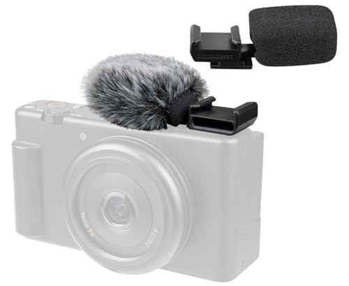 SOULWIT 2Pcs Windscreen Wind Muff for Sony ZV-1F/ZV-E10/ZV-1/ZV-E1/ZV-1 II Vlog Cameras, Cold Shoe Adapter with Furry Windshield + Mic Cover - Black