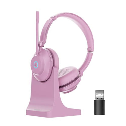 Bluetooth Wireless Headset with Mic for Work, Advanced Noise Reduction Microphone, Clear Calls - Comfortable On-Ear Headphones, Bluetooth 5.3, Applicable to Laptop, PC, Zoom, Office(Pink) - color: Pink