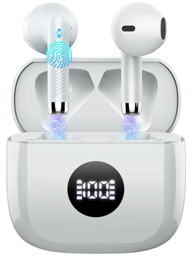 Wireless Earbuds, Bluetooth 5.4 Ear Buds, LED Power Display, 6D Bass Stereo | 4 ENC Noise Cancelling Mic, HiFi Stereo, In-Ear Headphones, 40H Playback Mini Case, IP7 Waterproof Sports, for Android iOS - color: Light Grey