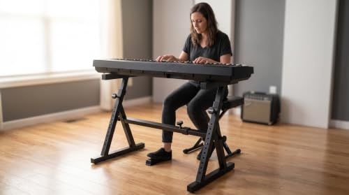 Pyle Heavy Duty Folding Keyboard Stand - Sturdy Reinforced Z Design w/ Adjustable Width & Height, Foam Padded Arms, Digital Piano Stand, Fits 54-88 Key Electric Pianos & Used for Travel & Storage