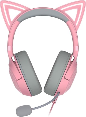 Razer Kraken Kitty V2 USB Wired RGB Headset: Chroma Kitty Ears - Stream Reactive Lighting - HyperClear Cardioid Mic - Triforce 40 mm Drivers - 7.1 Surround Sound - Quartz Pink (Renewed)