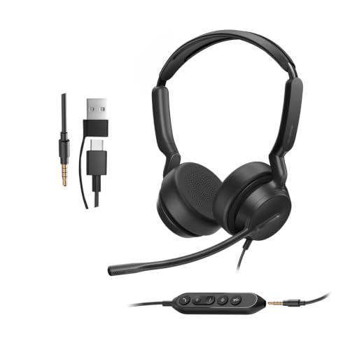 Yealink UH42 SE Wired Headset, USB-A/C & 3.5mm,in-Line Controls, On-Ear | Stereo Computer Headphones, Teams/Zoom Certified, Noise Cancelling Microphone, PC/Laptop/Phone, 7ft Cable, Call Center,Office - color: Dual-Ear, size: 3.5mm & USB-C/A
