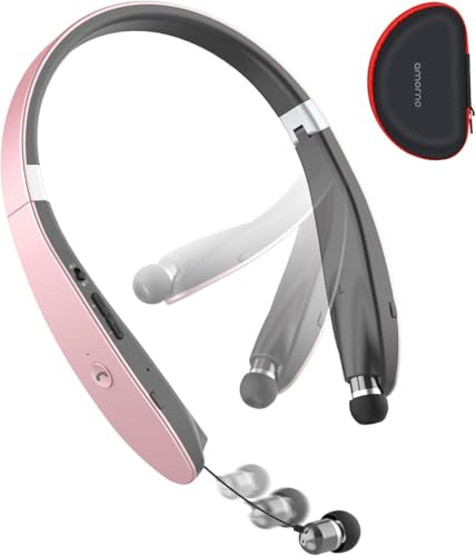 AMORNO Foldable Bluetooth Headphones Wireless Neckband Headset with Retractable Earbuds, Sports Sweatproof Noise Cancelling Stereo Earphones with Mic … - color: Rose Gold