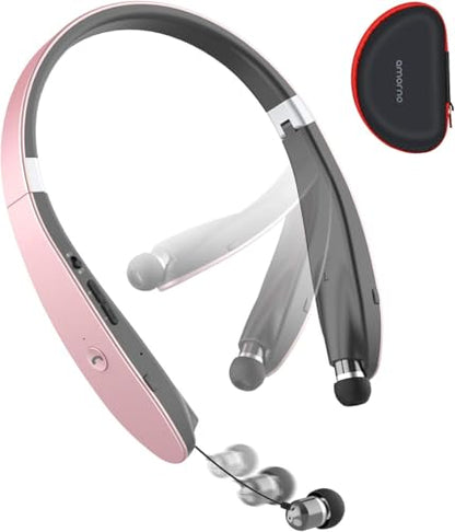 AMORNO Foldable Bluetooth Headphones Wireless Neckband Headset with Retractable Earbuds, Sports Sweatproof Noise Cancelling Stereo Earphones with Mic … - color: Rose Gold