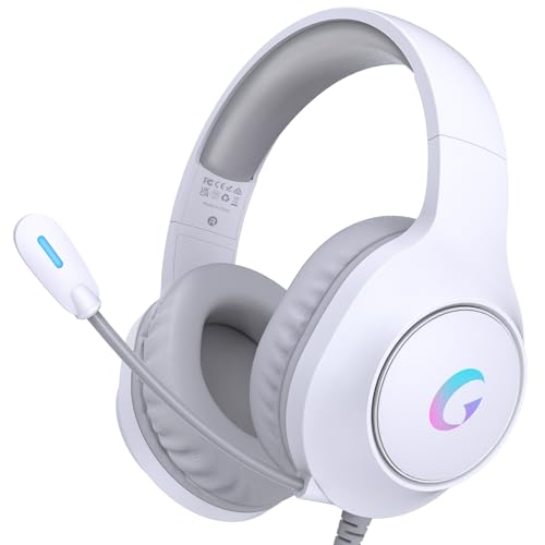 syndesmos CM7002 Gaming Headset for PC, PS5, Xbox Series X|S, Switch, | Over-Ear Headphones with 7.1 Surround Sound, 50MM Drivers & Noise Canceling Mic, RGB Comfort Headset for Gaming, Light White - color: Light White