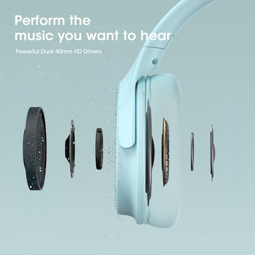 DOQAUS Bluetooth Headphones Over Ear, 70H Playtime,3 EQ Modes, with ENC Mic | HiFi Stereo Sound, Deep Bass, Soft Memory Foam Earpads, Headphone Wireless for Phone PC Travel Home Office, Blue - color: Light Blue
