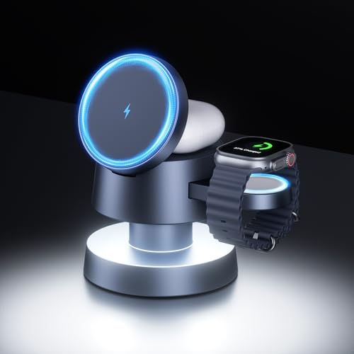 4 in 1 Magnetic Wireless Charging Station,15W Fast Charging with Adjustable Night Light for MagSafe Charger Stand,3 in 1 Wireless Charger for iPhone 17/16/15/14/13 Pro Max,Apple Watch & AirPods - color: Cosmic Gray