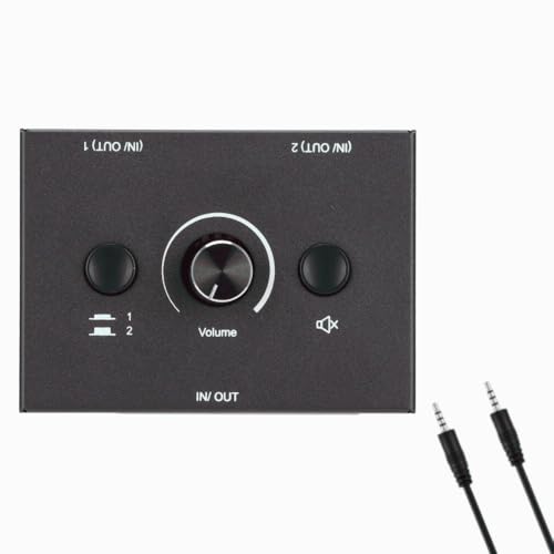 3.5mm Stereo Audio Switcher Bidirectional 2 in 1 Out or 1 in 2 Out Manual Selector Box with Mute Button Plug and Play for Speakers and Headphones