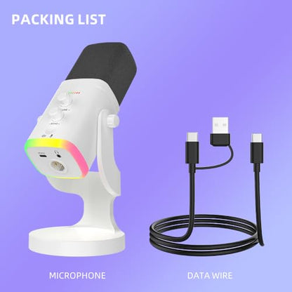 YU8-white Dynamic Microphone - USB/XLR RGB Mic with Echo Adjustment, Mute Key & Monitoring Jack, Desktop Microphone for PC Gaming, Streaming & Chat - color: YU8 desktop