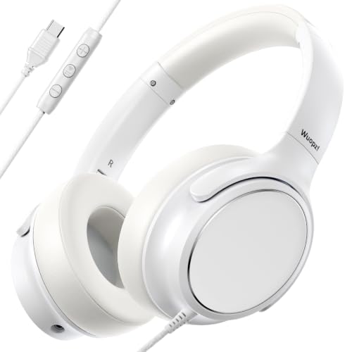 USB C Wired Over-Ear Headphones with Microphone | Volume Control, Share Port, Adjustable Headband Foldable Stereo Headset for Adult/Teens for iPhone 16, Laptop, Gaming, Travel - color: White