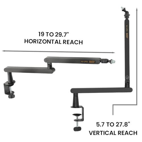 Low-Profile Broadcast Arm w 6" Riser, Supports Mics & Cameras up to 4.4 lbs | 360° Rotatable Adjustable Foldable Microphone Low Arm Desk Mount for Podcast/Streaming/Gaming/Radio Studio by AURAY