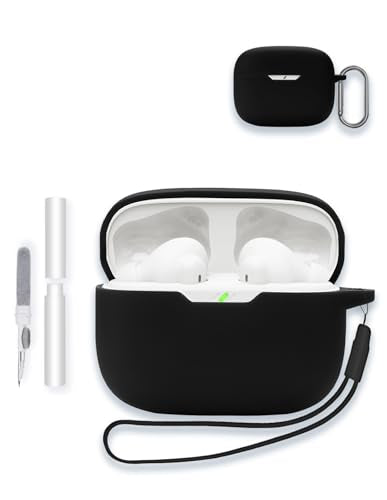 Case for JBL Vibe Beam 2/Vibe Beam - True Wireless Noise Cancelling Earbuds, Soft Silicone Protective Portable Scratch Shock Resistant Shell with Cleaner Kit & Carabiner & Lanyard，Black - color: BLACK