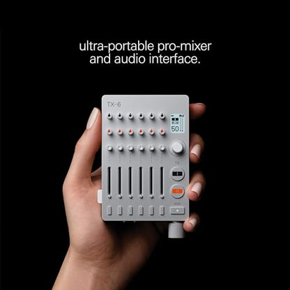 teenage engineering TX–6 portable and rechargeable 6 stereo channel mixer, usb audio interface and sound card, 8 hour battery life, built-in effects, ble and usb midi, iOS compatible