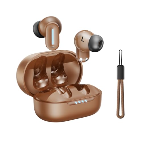 Earbuds Wireless Bluetooth 6.0 Headphones, IPX5 Waterproof | 24H Playback, Small Noise Cancelling Earbuds with Lanyard for Sports, Workout, Smartphone Call (Brown) - color: Brown