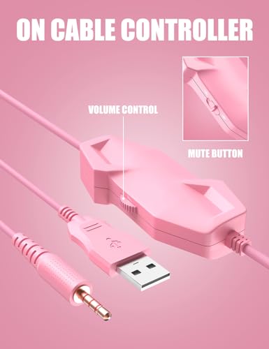 ZIUMIER Wired Pink Gaming Headset for PC, PS5, PS4, Xbox Series X|S | 노이즈 캔슬링 마이크, LED RGB 조명, 50mm 드라이버, 3.5mm 오디오 잭, 소프트 메모리 폼, 멀티 플랫폼 헤드폰 - color: 핑크