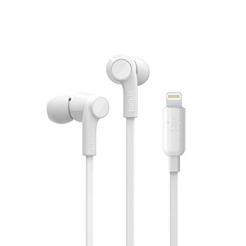 Belkin Wired Earbuds with Lightning Connector, Built-in Mic | In-ear headphones, tangle-free cable, inline remote, volume and track controls, water resistant, iPhone, iPad - color: White, size: One Size, style: LTG