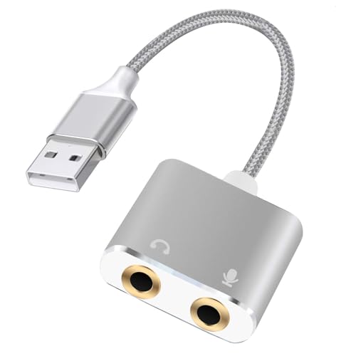 USB to 3.5mm Audio Adapter, External Sound Card with Headphone, Microphone Jack for Windows, Mac, Linux, PS4, PS5(Silvery) - color: Silvery