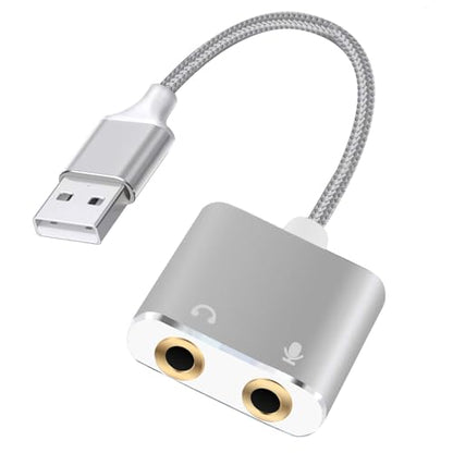 USB to 3.5mm Audio Adapter, External Sound Card with Headphone, Microphone Jack for Windows, Mac, Linux, PS4, PS5(Silvery) - color: Silvery