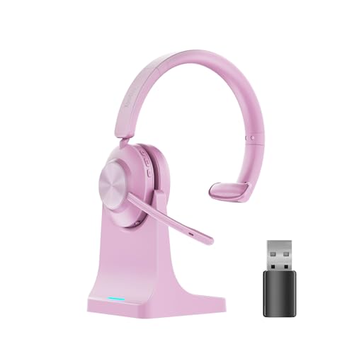 Bluetooth Headset, Wireless Headset with Mic for Work, Bluetooth 5.3, Wireless Headphones with AI Noise Cancelling Microphone (Clear Calls & Mic Mute), USB Dongle, for Computer/PC(Pink) - color: Pink