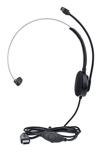 MANHATTAN USB Headset with Mic & 5 ft Cable - Cushion Mono/Single-Sided, On-Ear, in-line Volume Control, Adjustable Headband - for Desktop, Laptop, Computer, 179867 | Wired USB-A earpiece with flexible mic boom, plug-and-play setup, padded fit for calls,