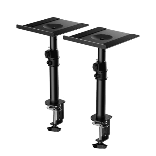 suptek Tall Clamp-on Speaker Stands Desk Mount, Height Adjustment, Tilt, Swivel, 9.6 x 8.8 Trays, Universal Audio Holders for Computer and Bookshelf Speakers, Elevated Sound, 2 Pack, Black, SDM001H - color: Black, size: 9.6 x 8.8x 18.3"(h)