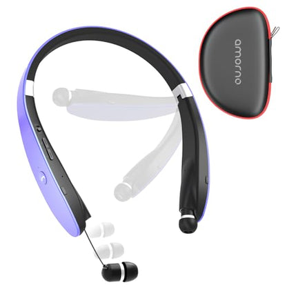 AMORNO Foldable Bluetooth Headphones Wireless Neckband Headset with Retractable Earbuds, Sports Sweatproof Noise Cancelling Stereo Earphones with Mic - color: Purple
