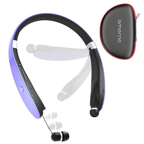 AMORNO Foldable Bluetooth Headphones Wireless Neckband Headset with Retractable Earbuds, Sports Sweatproof Noise Cancelling Stereo Earphones with Mic - color: Purple