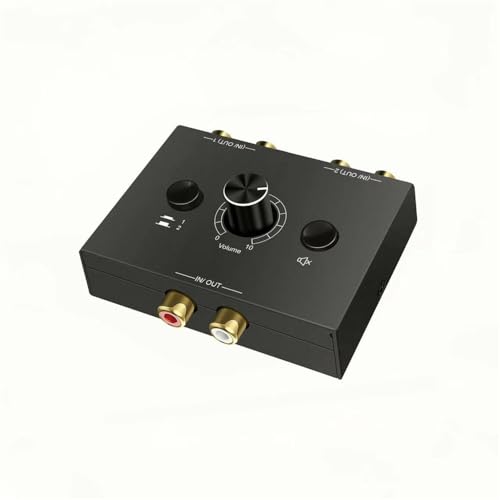 RCA Stereo Audio Switcher R/L Audio Selector Splitter 2(1)-in-1(2)-Out Audio Selector Switch Box with One Key Mute and Switch Compatible Active Speaker,PC,Ipad,etc