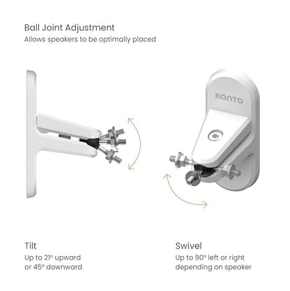 Kanto SPW3W Universal Satellite Speaker Wall Mount Bracket | ¼-20 Thread Attachment | Tilt, Swivel & Rotation | Holds 12 lbs (5.4 kg) | Wire & Cable Management | No Visible Hardware | Pair | White - color: White