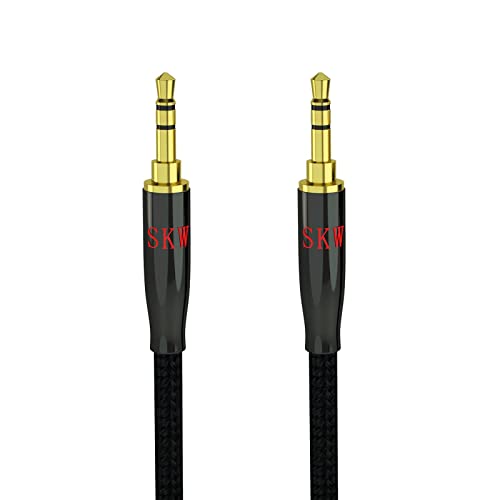 SKW Audiophile 3.5mm Stereo Aux Cable 4.9ft/1.5m, 1/8" TRS Hi-Fi Sound | Dual-shielded, gold-plated contacts, nylon-braided jacket, sturdy and durable, car & home stereo link, Hi-Fi stereo fidelity - color: Black-straight to straight, size: 4.9ft (1.5m)