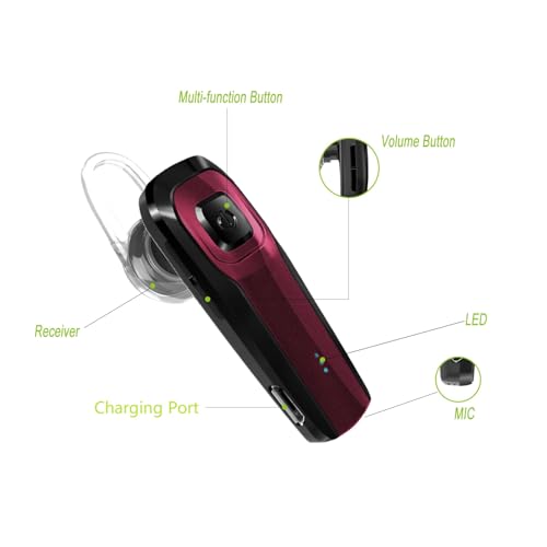 TOORUN Bluetooth Earpiece, M26 Bluetooth Headset Handsfree Wireless Headphone with Noise Cancelling and Microphone Compatible for Android iPhone Cell Phone Laptop - Red
