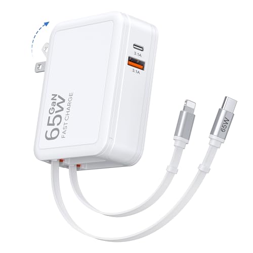 65W Retractable Wall Charger with Dual Cables,4-in-1 Retractable Phone Charger Wall Plug with USB Ports,2.6FT PD Cable&2 Ports,Fast Charging for iPhone 17/16/15,MacBook Pro/Air,Galaxy,Pixel,Travel