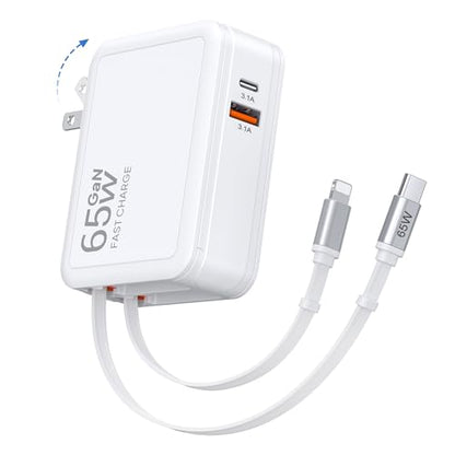 65W Retractable Wall Charger with Dual Cables,4-in-1 Retractable Phone Charger Wall Plug with USB Ports,2.6FT PD Cable&2 Ports,Fast Charging for iPhone 17/16/15,MacBook Pro/Air,Galaxy,Pixel,Travel