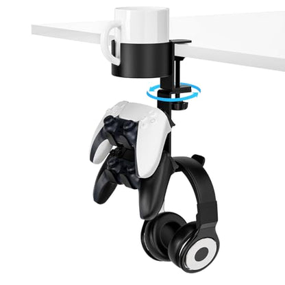 MoKo Desk Controller Holder with Headphone Hanger - 3 in 1 Rotating Desk Cup Organizer Gaming Accessories Stand Desk Clamp Mount Controller Stand for Xbox One/360, PS5, PS4, Switch, Steam, Black