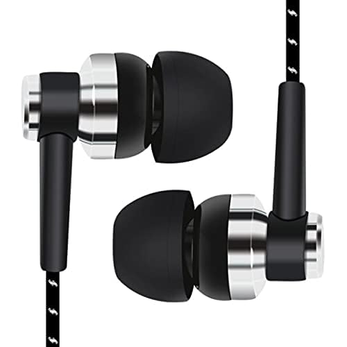 Black in-Ear Earbuds Stereo Tangle Free Braided Cable Cord Quality Sound High Bass Silicone Tips for iPod Zune MP3 Player 3.5mm Jack