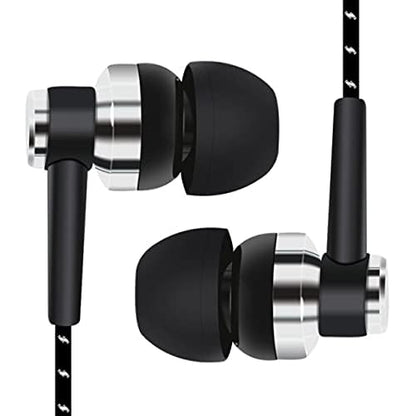 Black in-Ear Earbuds Stereo Tangle Free Braided Cable Cord Quality Sound High Bass Silicone Tips for iPod Zune MP3 Player 3.5mm Jack