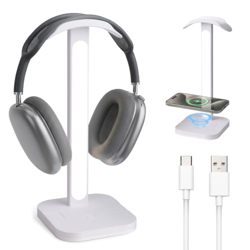 3-in-1 Headphone Stand with Wireless Charging Station and Desk Lamp, Headset Holder with Phone Charger, LED Desk Light for Gaming Setup, Office and Bedroom - color: White