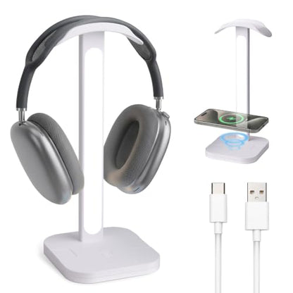 3-in-1 Headphone Stand with Wireless Charging Station and Desk Lamp, Headset Holder with Phone Charger, LED Desk Light for Gaming Setup, Office and Bedroom - color: White