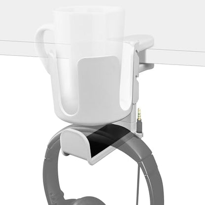GEEKRIA 2 in 1 Headphone Hanger&Desk Cup Holder, Under Desk Clamp Rotatable Headset Compatible with Sennheiser, Bose, Beats, Razer, HyperX, Sony, Suitable for Coffee Mugs, Water Cups (White) - color: White