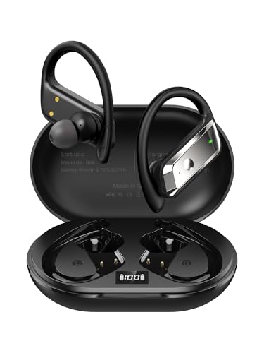 Wireless Earbuds Bluetooth 5.4 Headphones 53H Playtime Sport Earphones with LED Display,Over-Ear Buds Built in Mic in Ear Waterproof Headset for Workout Running Gaming - Black
