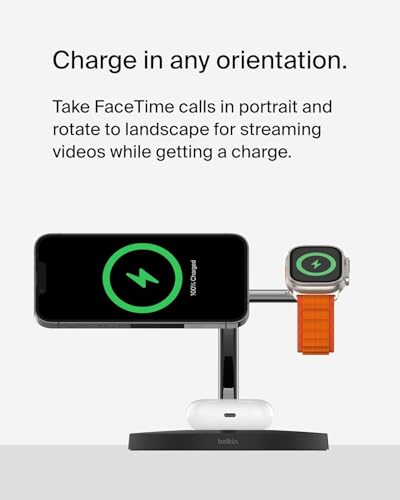 Belkin MagSafe 3 in 1 Wireless Charging Stand, 2nd Gen, 33% Faster | Apple Watch, iPhone 16/15/14, AirPods compatible, multi-device charging station, faster charging, Magnetic - color: Black, style: Chrome Finish