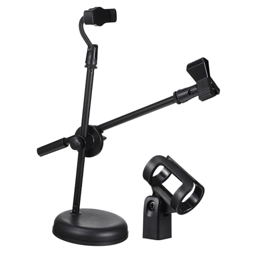 Luxshiny Desktop Mic Stand Adjustable Tabletop Microphone Stand with Mic Clip Holder Phone Clip Holder Metal Adapter Round Base for Home Recording Podcasting Broadcasting