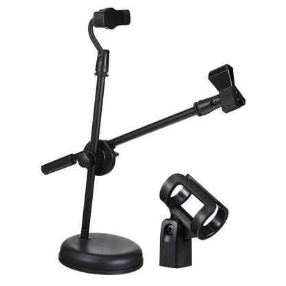 Luxshiny Desktop Mic Stand Adjustable Tabletop Microphone Stand with Mic Clip Holder Phone Clip Holder Metal Adapter Round Base for Home Recording Podcasting Broadcasting
