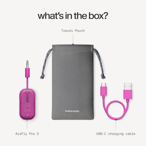 Twelve South AirFly Pro 2, Bluetooth Adapter, Pair 2 AirPods, Fuchsia Ice | Pair 2 AirPods or Wireless Headphones – 3.5mm AUX Bluetooth Transmitter and Receiver for Cars, Boats, Treadmills, TVs & More - color: Fuchsia Ice, style: AirFly Pro 2