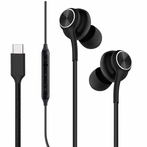 Earbuds Stereo in-Ear Headphones Three-Year Warranty for Galaxy Z Fold6 S24 S23 S22 S21 S20, Note 10, 10+ with Microphone and Volume Remote Type-C Connector-（Black）