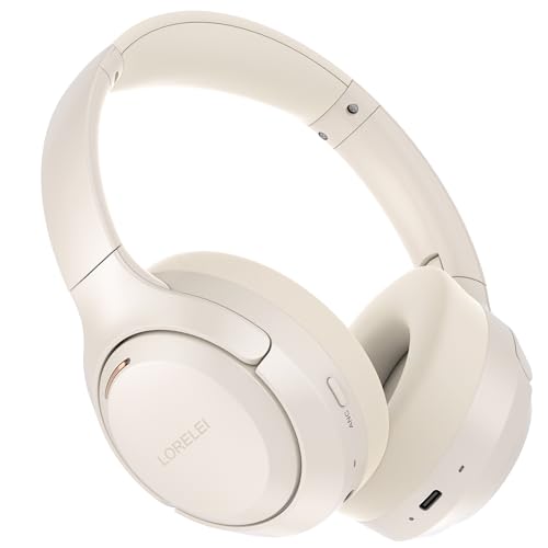 LORELEI QC60 Hybrid Active Noise Cancenlling Headphones,Wireless Over Ear Bluetooth Headsets with mic,100H Playtime ，3 EQ Mode Deep Bass, Memory Earmuffs,for Travel Home Office(Beige White) - color: Beige White