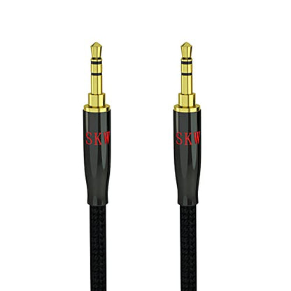 SKW Audiophile 3.5mm Stereo Aux Cable 3.2ft/1m, 1/8" TRS Hi-Fi Sound | Dual-shielded, gold-plated contacts, nylon-braided jacket, sturdy and durable, car & home stereo link, Hi-Fi stereo fidelity - color: Black-straight to straight, size: 3.2ft (1m)