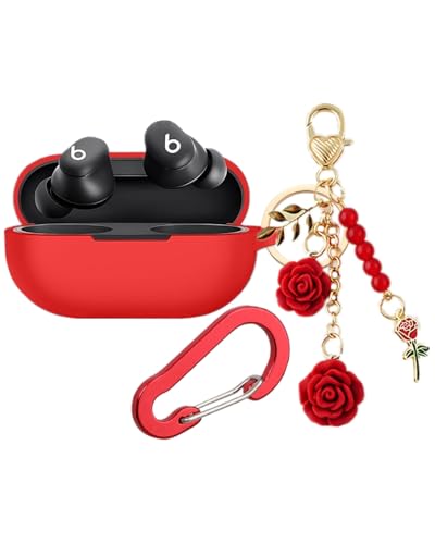 Case for Beats Solo Buds Case Cover with Flower Keychain, Cute Soft Silicone Shockproof Protective Skin Cases for Beats Solo Buds Wireless Earbuds with Carabiner for Women Girl (Red) - color: Red