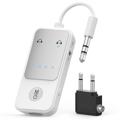Bluetooth 5.2 Transmitter Receiver, Qualcomm aptX Adaptive Audio Adapter, 2-in-1 Wireless 3.5mm Aux Adapter for TV, Airplane, Car, Gym, Dual Link for 2 Headphones, 19H Playtime - color: White